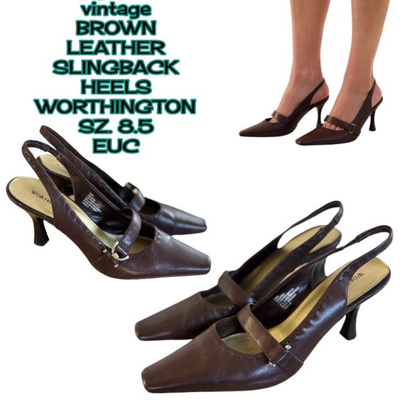 Y2K VTG. BROWN LEATHER SLINGBACK BUCKLE  POINTED TOE HEELS PUMPS 8.5 WORTHINGTON - Picture 1 of 7